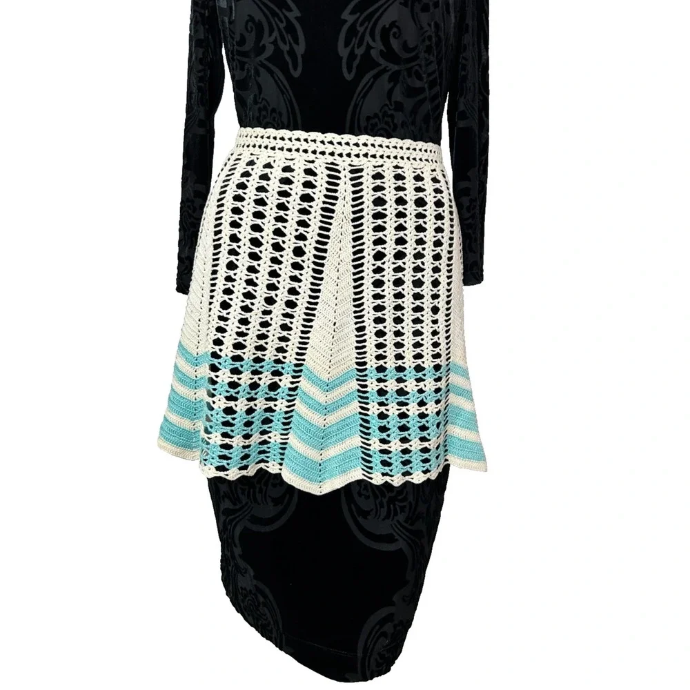 Vintage 1960s Hand Crochet Half Apron S White Teal Chevron Stripe Hostess Retro